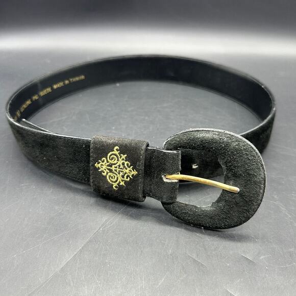 Sostanza Accessories - Sostanza Black Suede Western Belt Gold Embroidered Keeper Medium Made in Taiwan